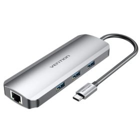   Vention USB-C -> HDMI/USB 3.0 x 3/RJ45/SD/TF/TRRS 3.5mm/PD (0,15m Szürke Aluminum Ötvözet) Dokkoló