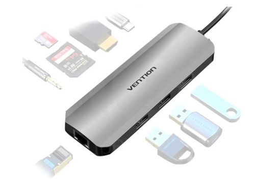 Vention USB-C -> HDMI/USB 3.0 x 3/RJ45/SD/TF/TRRS 3.5mm/PD (0,15m Szürke Aluminum Ötvözet) Dokkoló