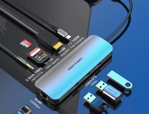Vention USB-C -> HDMI/USB 3.0 x 3/RJ45/SD/TF/TRRS 3.5mm/PD (0,15m Szürke Aluminum Ötvözet) Dokkoló