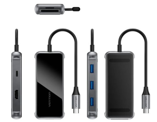 Vention USB-C -> HDMI/USB-C Gen 1/USB 3.0 x 2/RJ45/SD/TF/TRRS 3.5mm/PD (0,15m Szürke Aluminum Ötvözet) Dokkoló