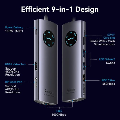 Bention USB-C -> DP/HDMI/USB 3.0*2/USB 2.0/RJ45/SD/TF/PD MST, dokkoló
