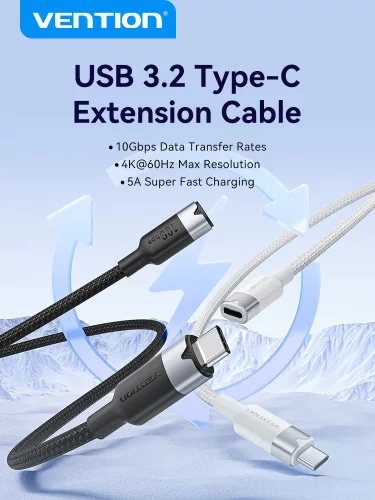 Vention USB-C 3.2/M -> USB-C 3.2/F, 1m,(hosszabbító, fehér, Gen2, 10Gbps), kábel