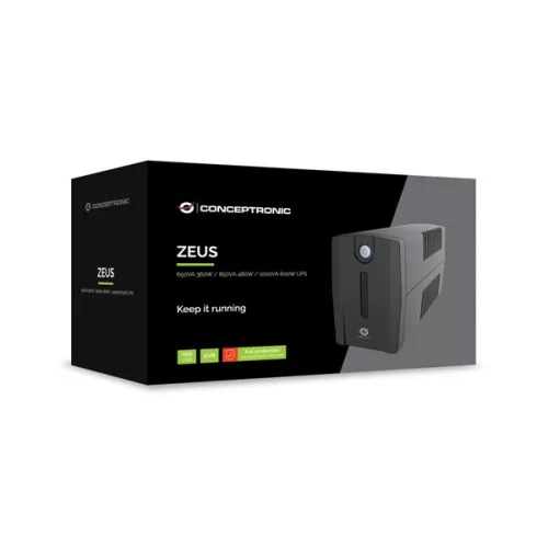 Conceptronic Szünetmentes 1000VA ZEUS07ES 2x Schuko, Line-interaktív, RJ45 Vonalvédelem, HID USB, Fekete