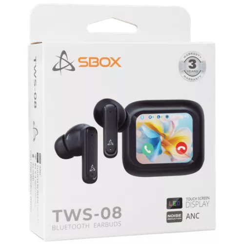 SBOX EB-TWS08-B bluetooth v5.4 in-ear fülhallgató touch kijelzővel és mikrofonnal - BR+EDR+BLE - fekete