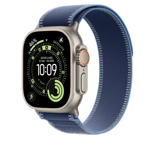 Apple Watch 49mm Loop:  Blue/Bright Blue Trail Loop - M/L - Natural Titanium Finish