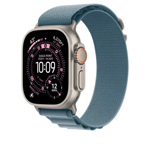 Apple Watch 49mm Loop:  Light Blue Alpine Loop - Large - Natural Titanium Finish