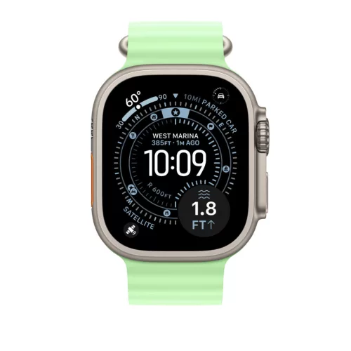 Apple Watch 49mm Band:  Neon Green Ocean Band - Natural Titanium Finish