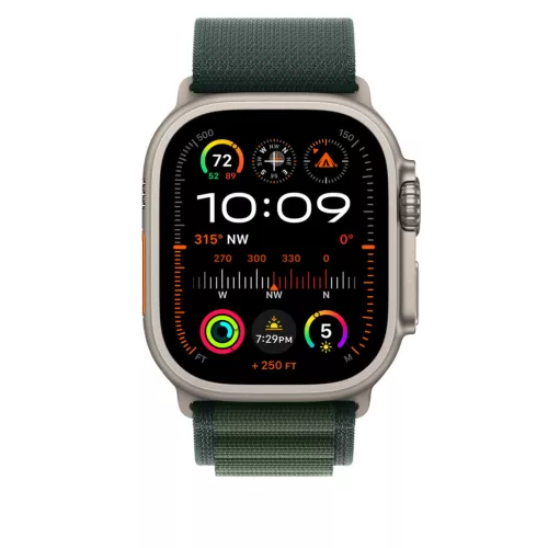 Apple Watch 49mm Loop:  Dark Green Alpine Loop - Medium - Natural Titanium Finish