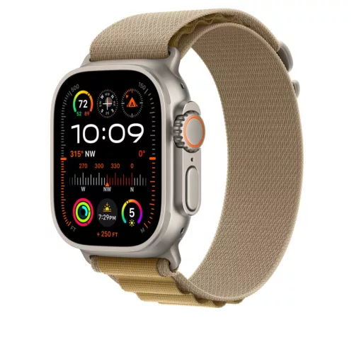 Apple Watch 49mm Loop:  Tan Alpine Loop - Medium - Natural Titanium Finish