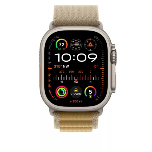 Apple Watch 49mm Loop:  Tan Alpine Loop - Large - Natural Titanium Finish