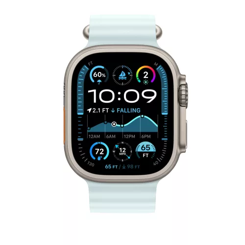 Apple Watch 49mm Band:  Ice Blue Ocean Band - Natural Titanium Finish