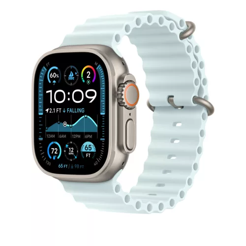 Apple Watch 49mm Band:  Ice Blue Ocean Band - Natural Titanium Finish
