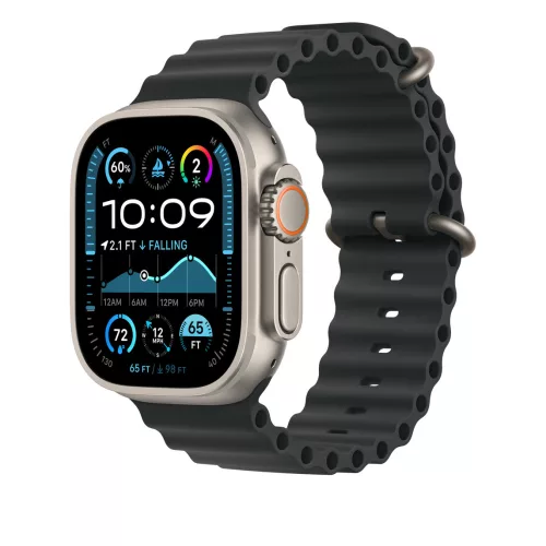 Apple Watch 49mm Band:  Black Ocean Band - Natural Titanium Finish