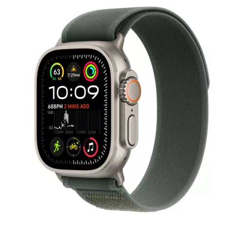 Apple Watch 49mm Loop:  Green Trail Loop - S/M - Natural Titanium Finish