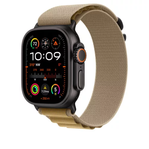 Apple Watch 49mm Loop:  Tan Alpine Loop - Large - Black Titanium Finish